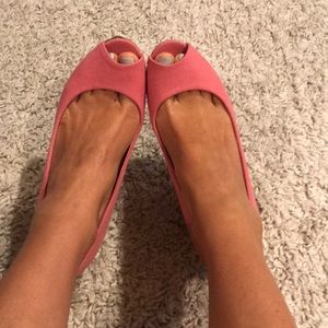 Adorable pink and cork peep toe wedges